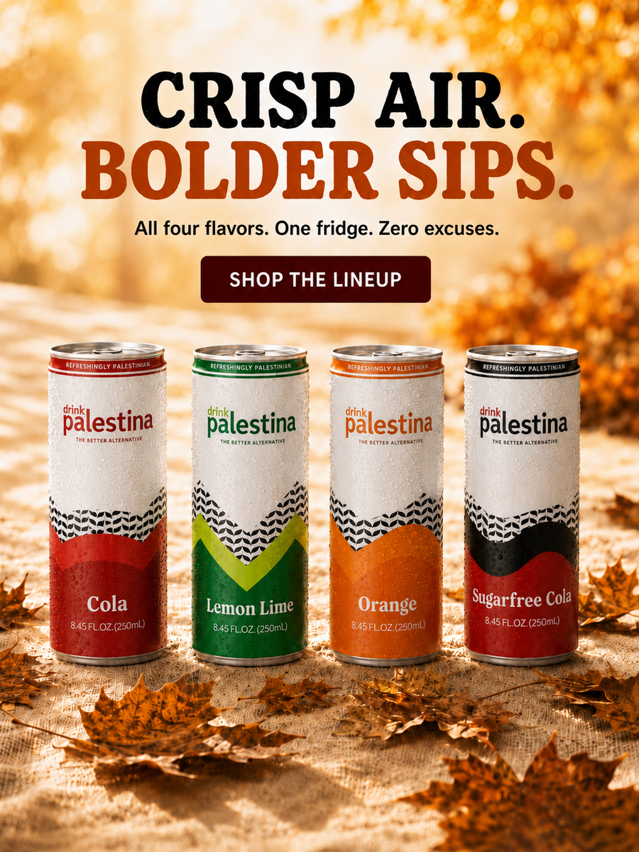 Four Palestine soda cans displayed on a rustic wooden surface scattered with autumn leaves, with a warm golden background and the headline 'CRISP AIR. BOLDER SIPS.